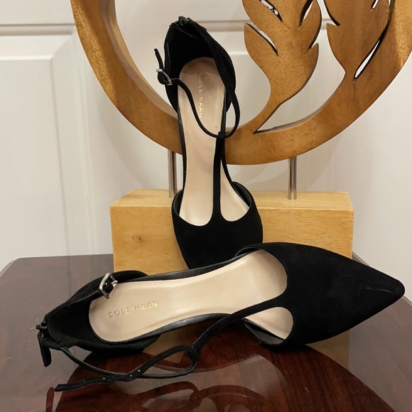 Cole Haan Suede T-Strap MaryJane Zip-Back Heels - Black - 9M US - Picture 2 of 7
